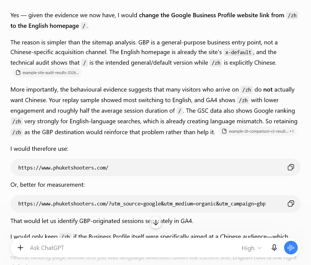 A screenshot of an LLM working with me to analyse multiple analytics sources.