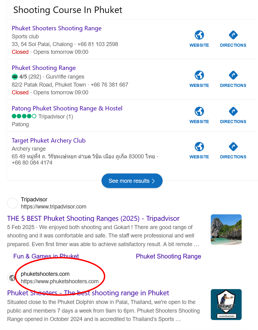 Bing Search results page showing Phuket Shooters in second place