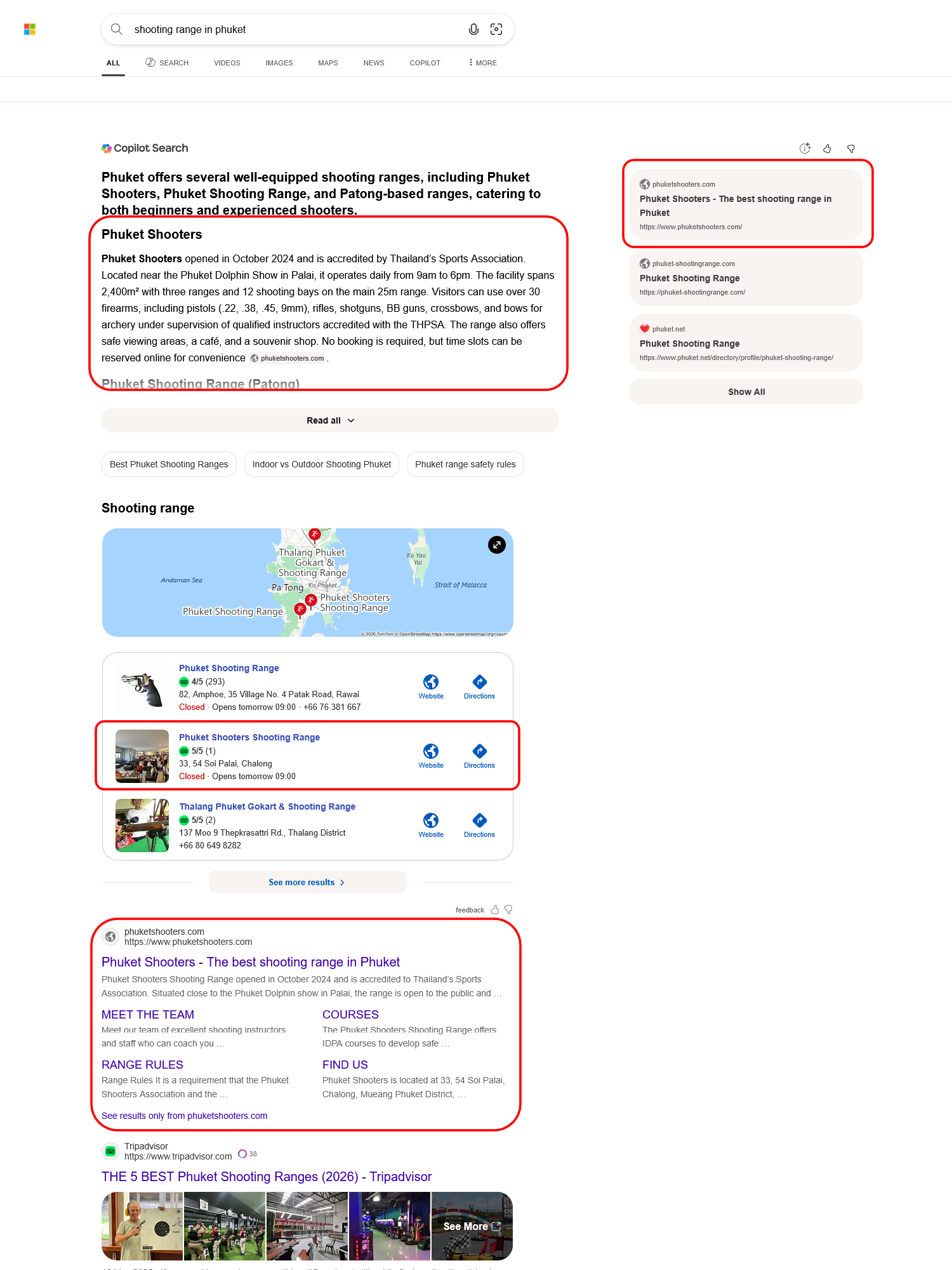 Bing search results showing client ranked first in AI and regular search for English query
